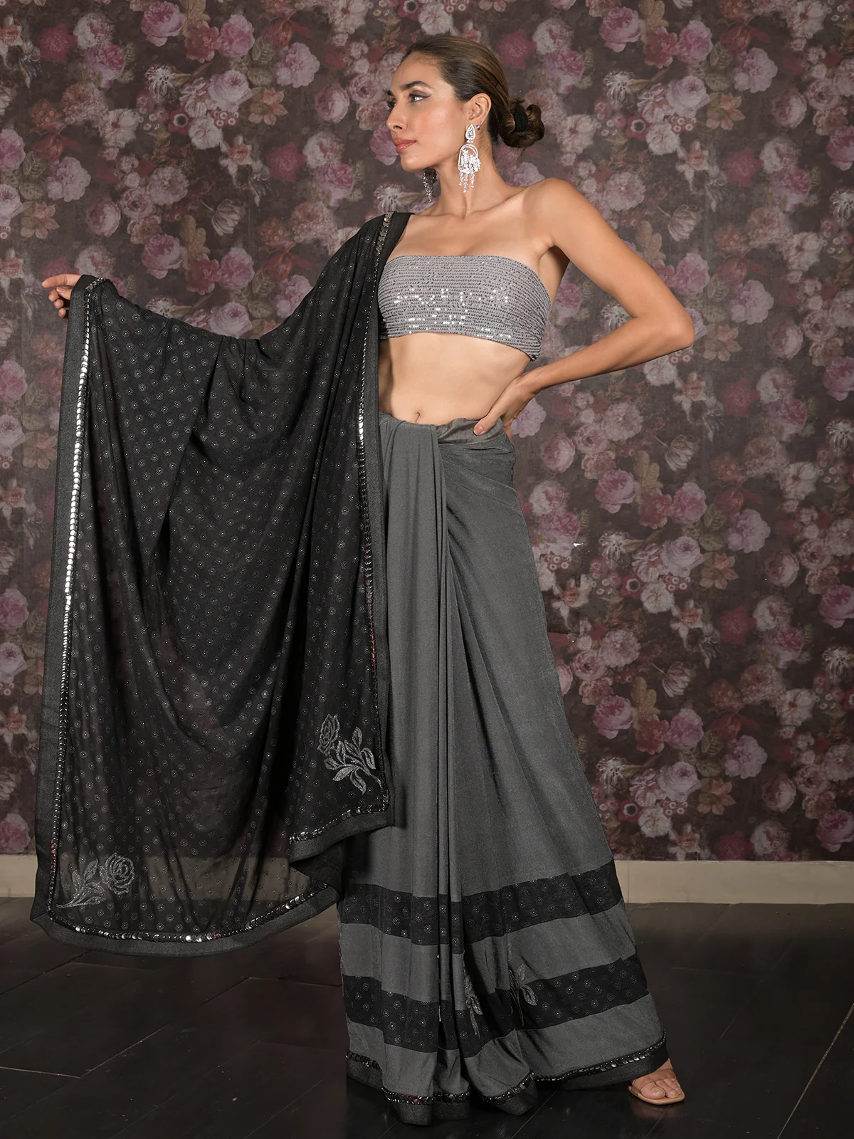 Odette Grey Embellished Lycra Saree with Unstitched Blouse for Women - Image 4