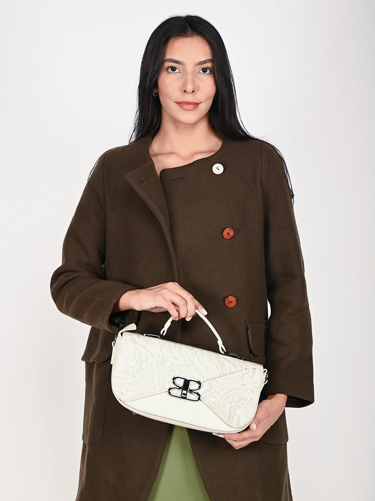 Odette Grey And White Embossed Hand Bag With Wallet For Women - Image 2