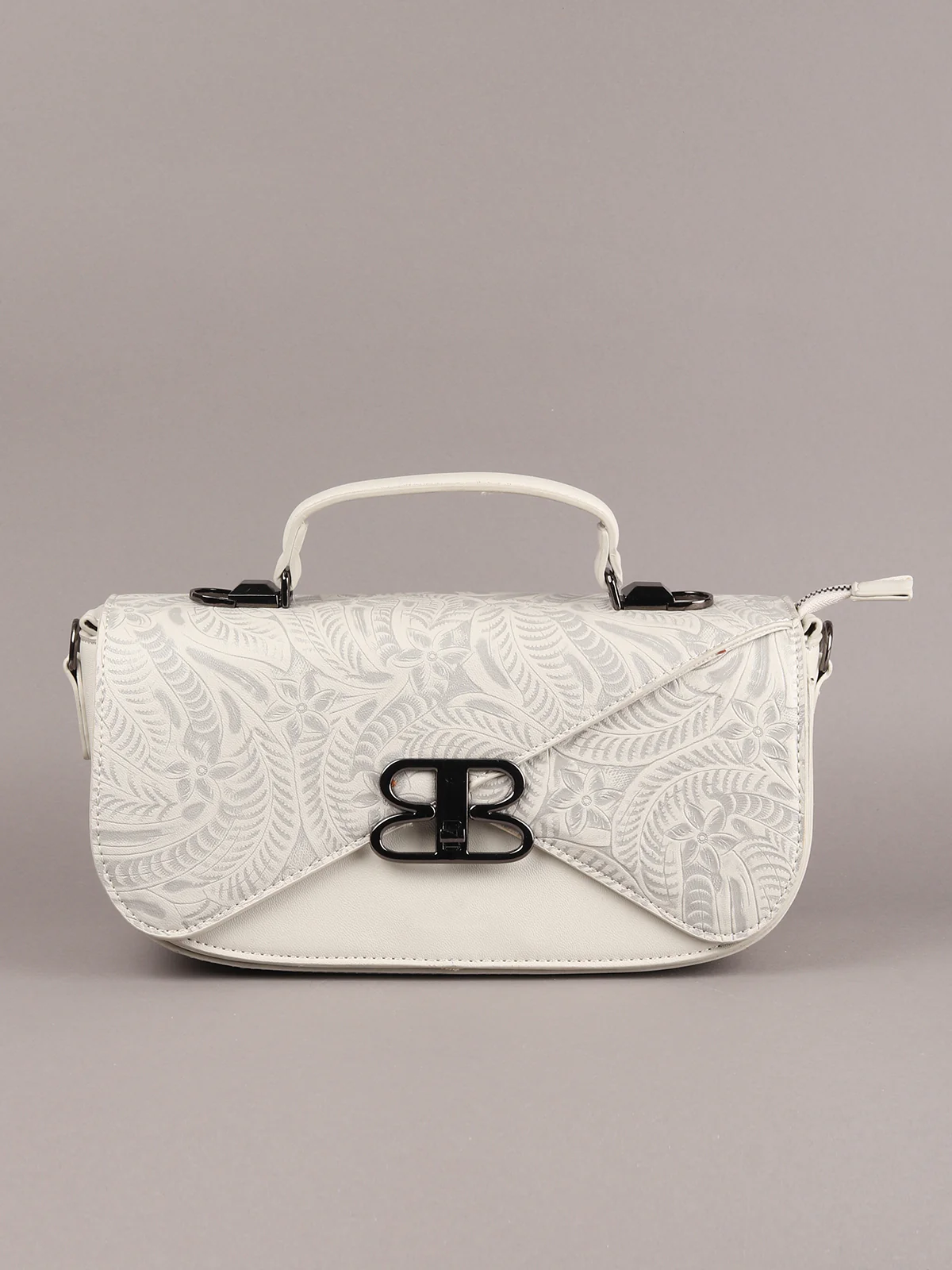 Odette Grey And White Embossed Hand Bag With Wallet For Women - Image 3