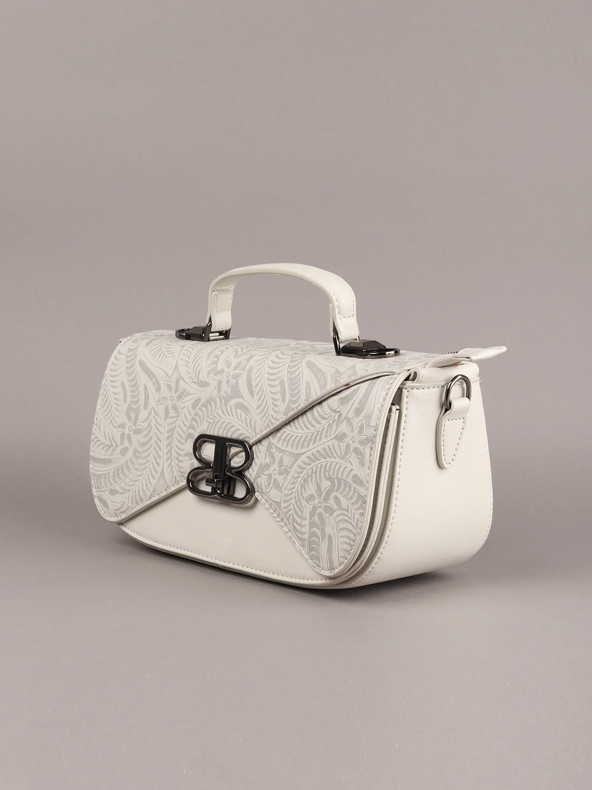 Odette Grey And White Embossed Hand Bag With Wallet For Women - Image 7