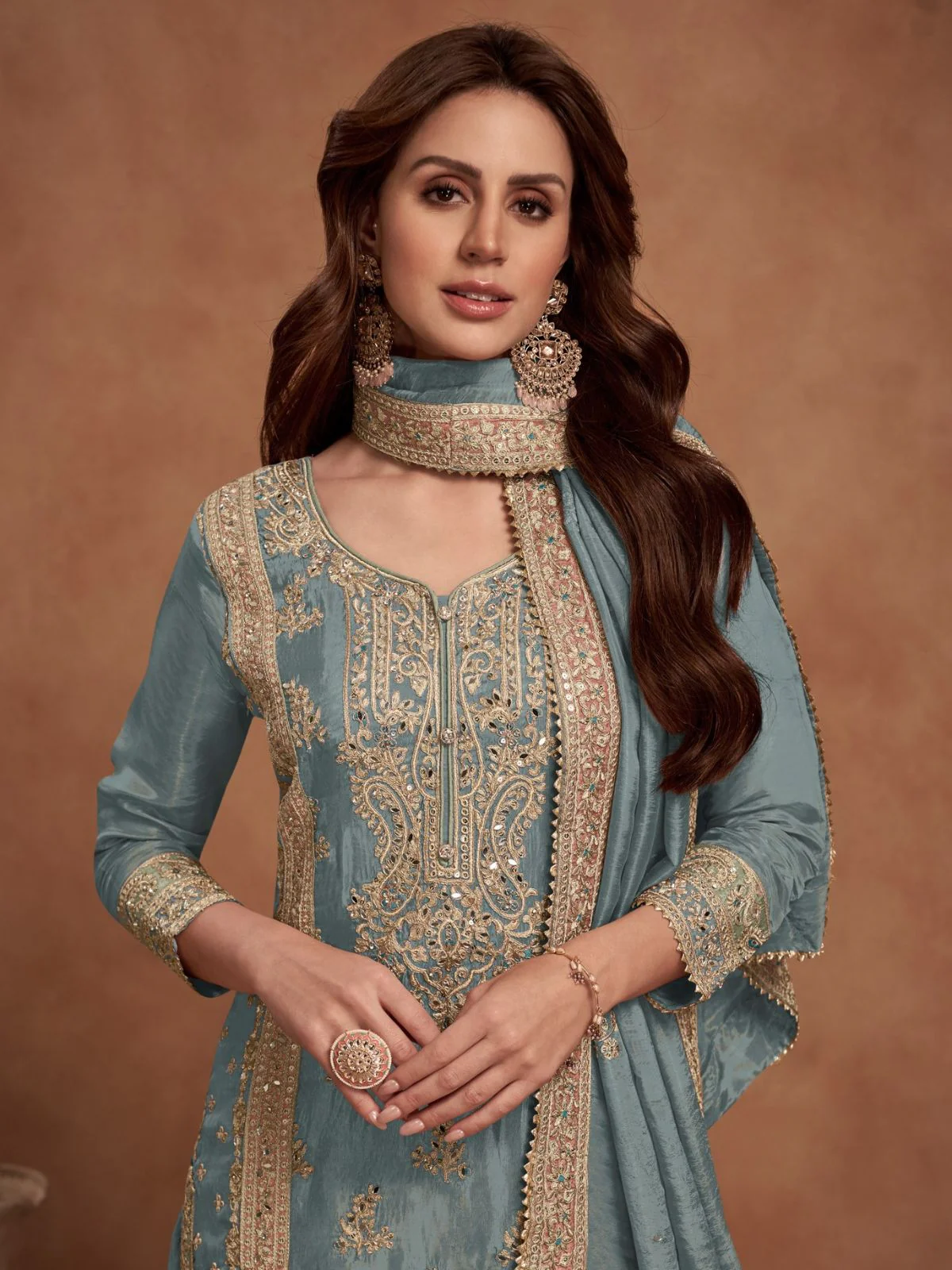 Odette Grey Embroided Silk Blend Semi-Stitched Kurta Set For Women - Image 2
