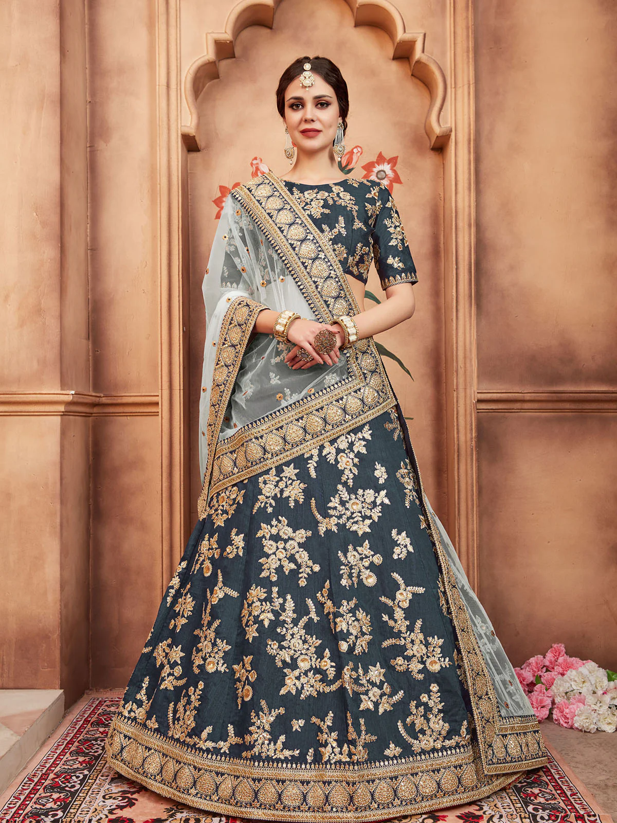 Odette Grey Embroidered Art Silk Semi Stitched Lehenga With Blouse For Women