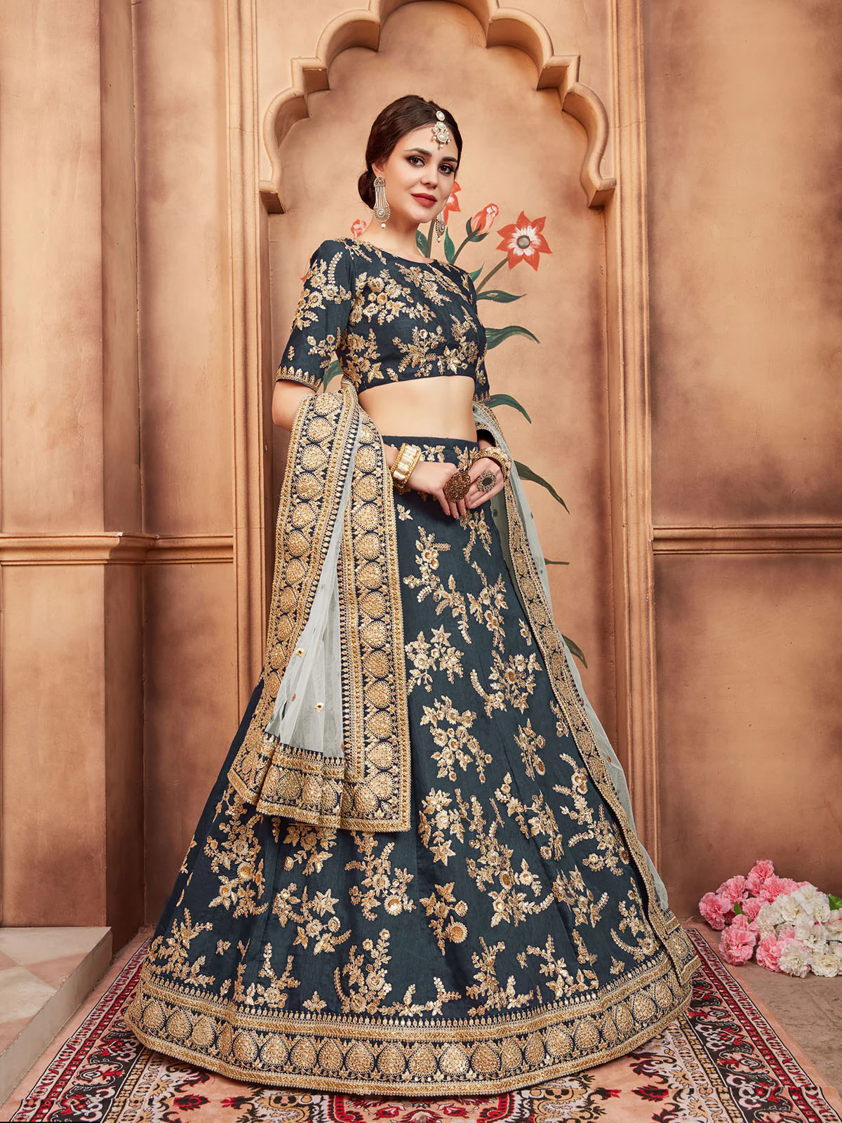 Odette Grey Embroidered Art Silk Semi Stitched Lehenga With Blouse For Women - Image 3
