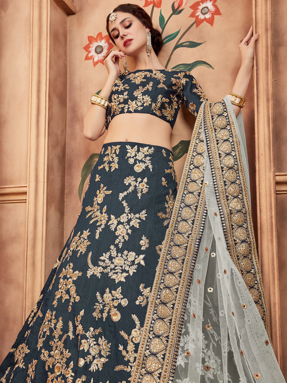 Odette Grey Embroidered Art Silk Semi Stitched Lehenga With Blouse For Women - Image 4