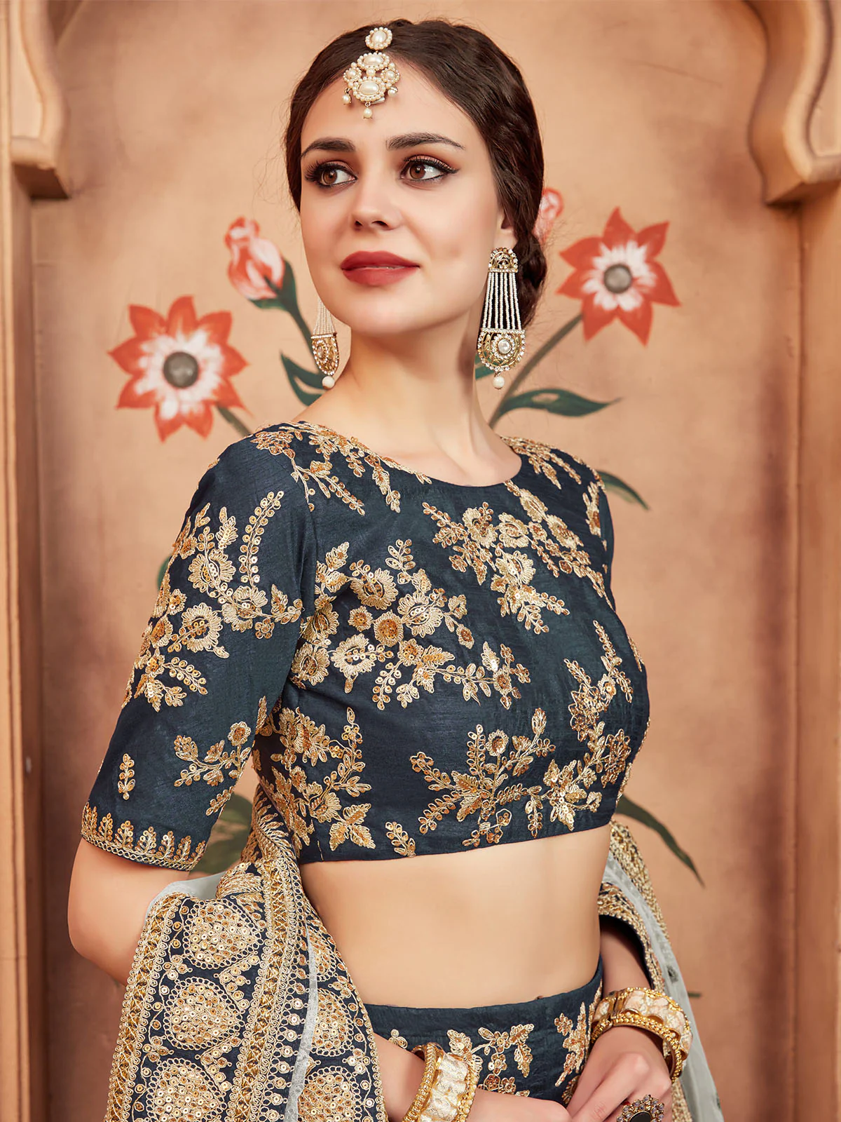 Odette Grey Embroidered Art Silk Semi Stitched Lehenga With Blouse For Women - Image 5