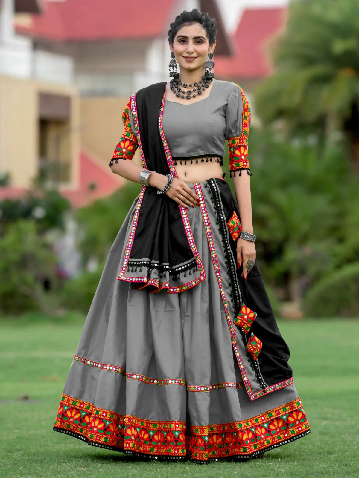 Odette Grey Embroidered Cotton Semi Stitched Lehenga With Unstitched Blouse For Women