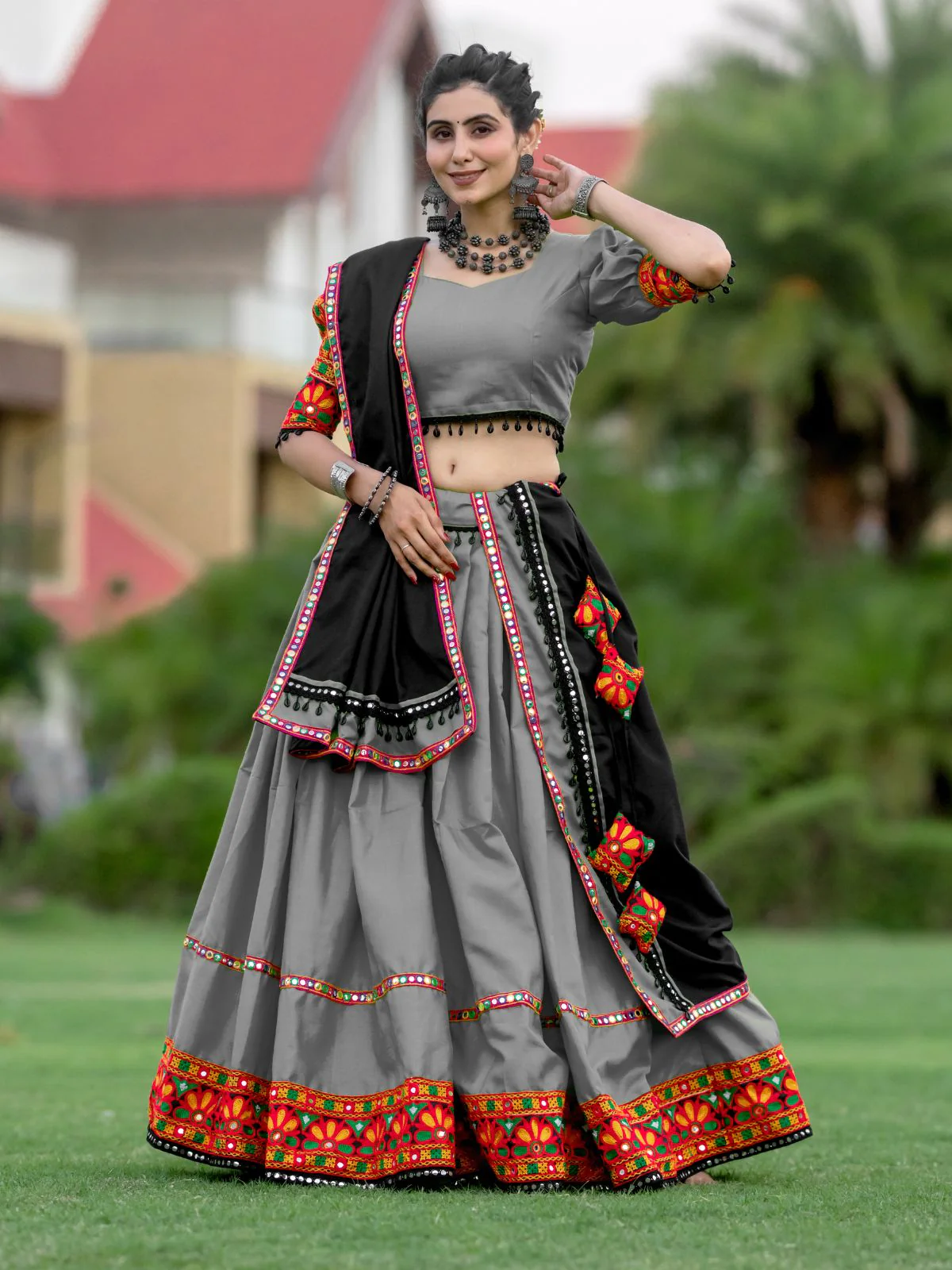 Odette Grey Embroidered Cotton Semi Stitched Lehenga With Unstitched Blouse For Women - Image 2