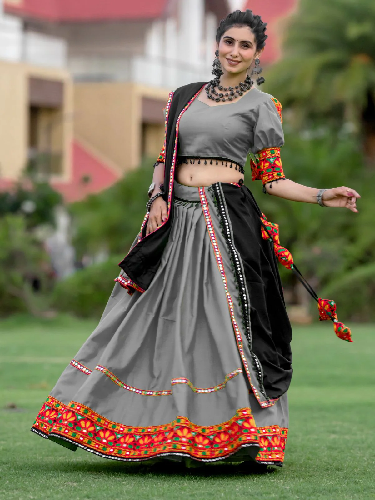 Odette Grey Embroidered Cotton Semi Stitched Lehenga With Unstitched Blouse For Women - Image 3