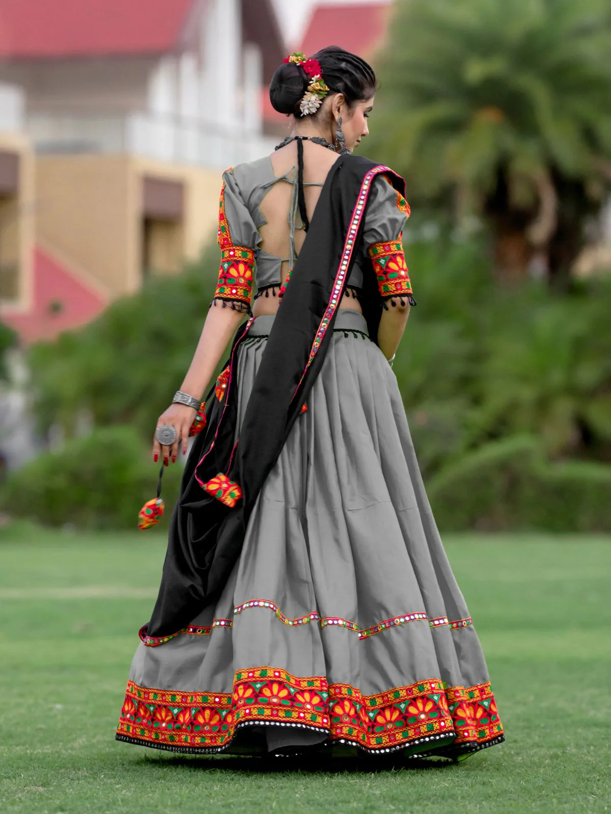 Odette Grey Embroidered Cotton Semi Stitched Lehenga With Unstitched Blouse For Women - Image 5