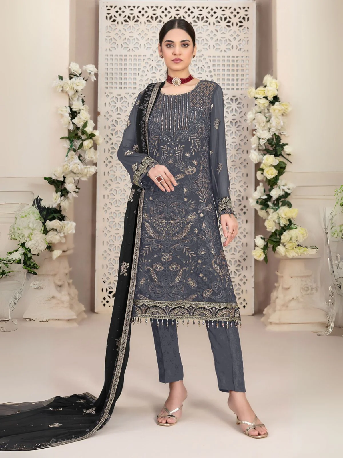 Odette Grey Embroidered Georgette Semi-Stitched Kurta Set For Women