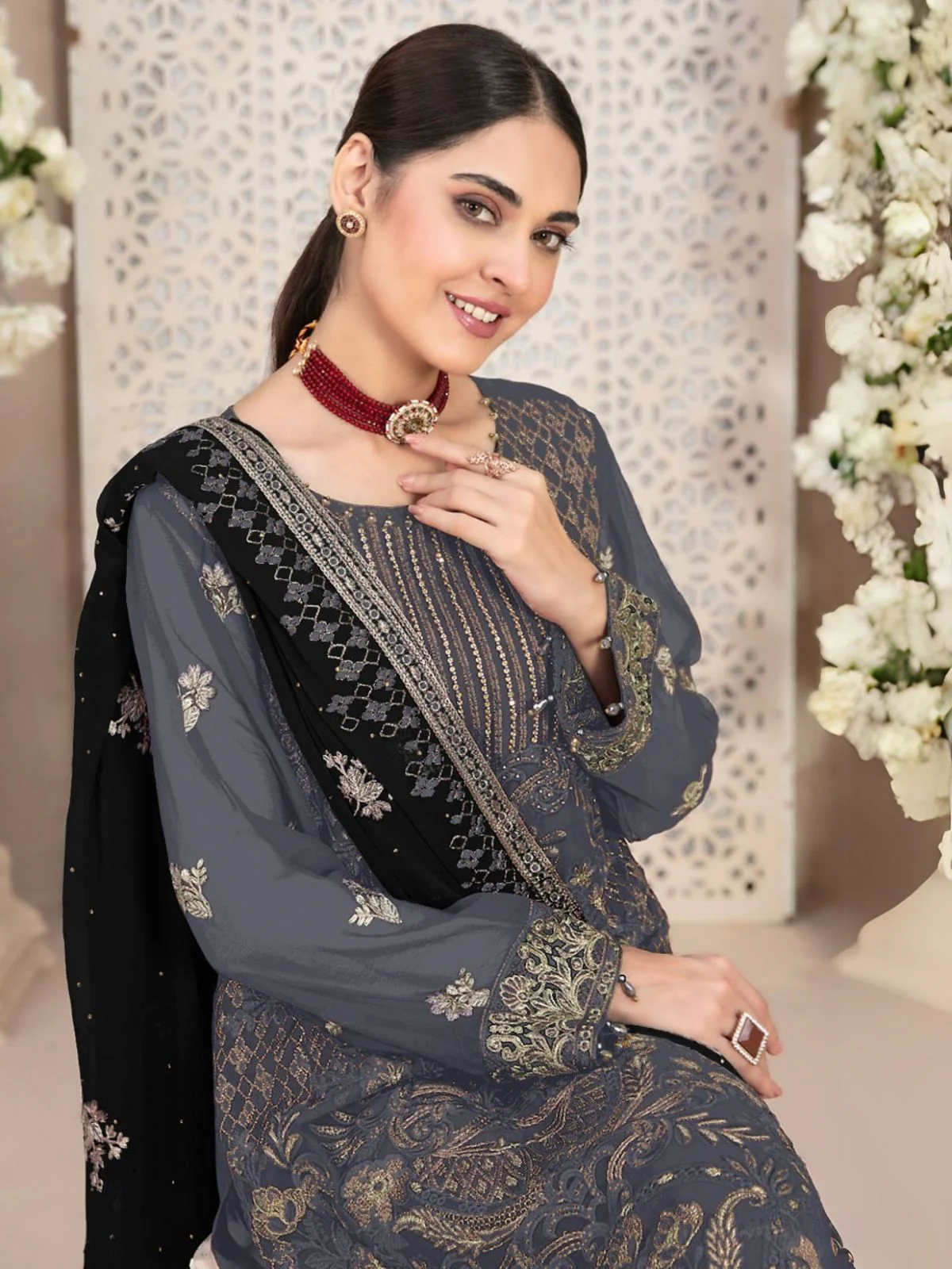 Odette Grey Embroidered Georgette Semi-Stitched Kurta Set For Women - Image 2