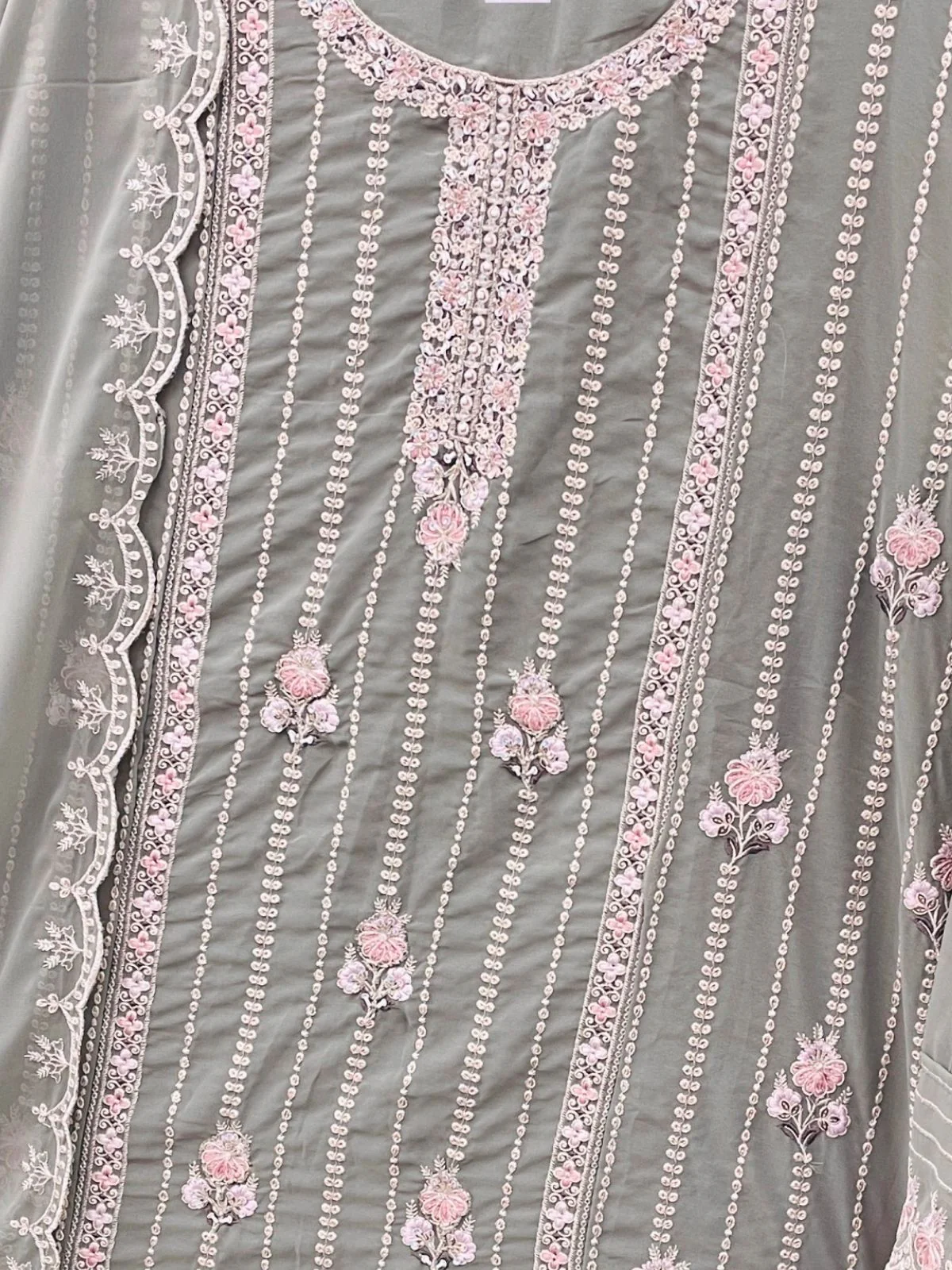 Odette Grey Embroidered Georgette Semi Stitched Kurta Set With Dupatta For Women - Image 3