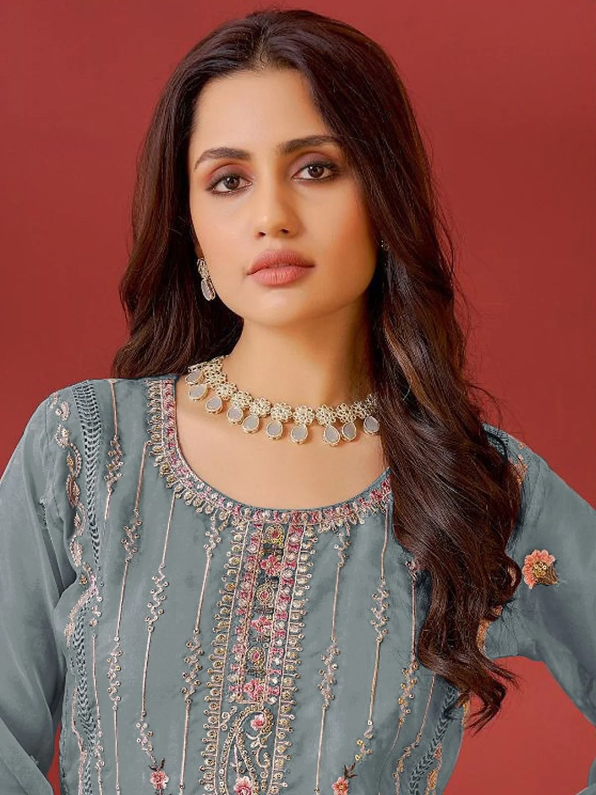 Odette Grey Embroidered Georgette Semi Stitched Kurta Set with Dupatta For Women - Image 2