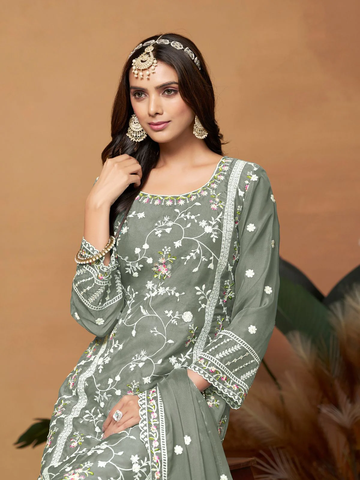 Odette Grey Embroidered Semi Stitched Kurta Set For Women - Image 3