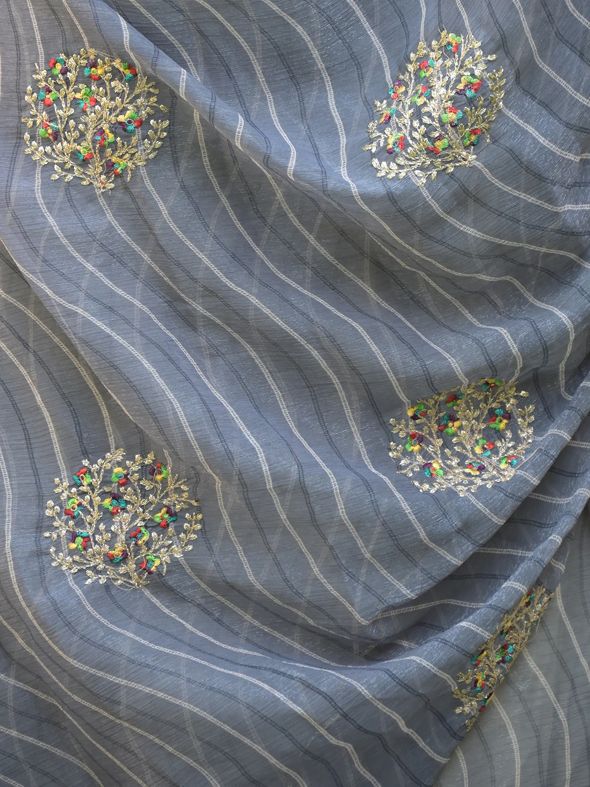 Odette Grey Embroidered Simmar Saree with Unstitched Blouse for Women - Image 5