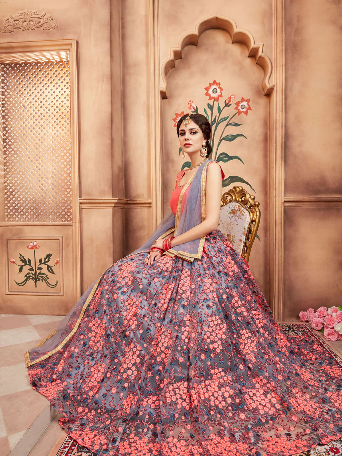 Odette Grey Embroidered Soft Net Semi Stitched Lehenga With Blouse For Women