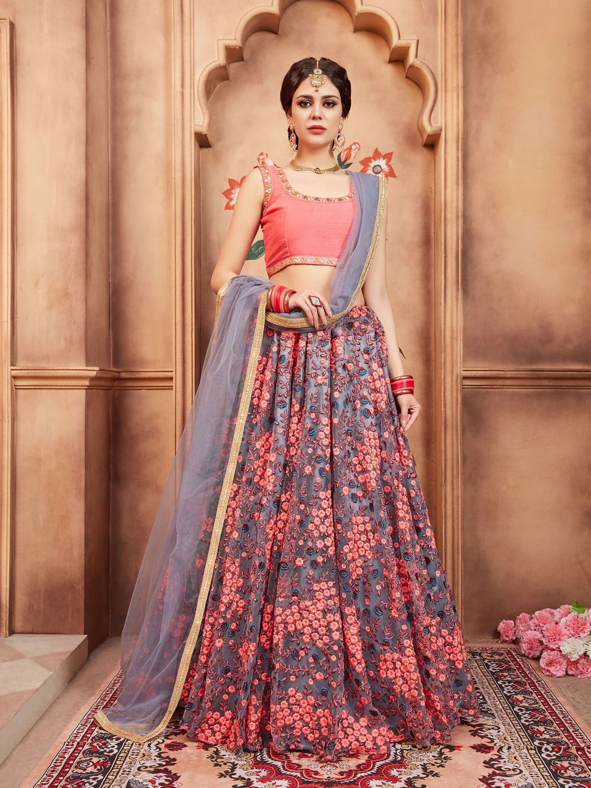 Odette Grey Embroidered Soft Net Semi Stitched Lehenga With Blouse For Women - Image 2