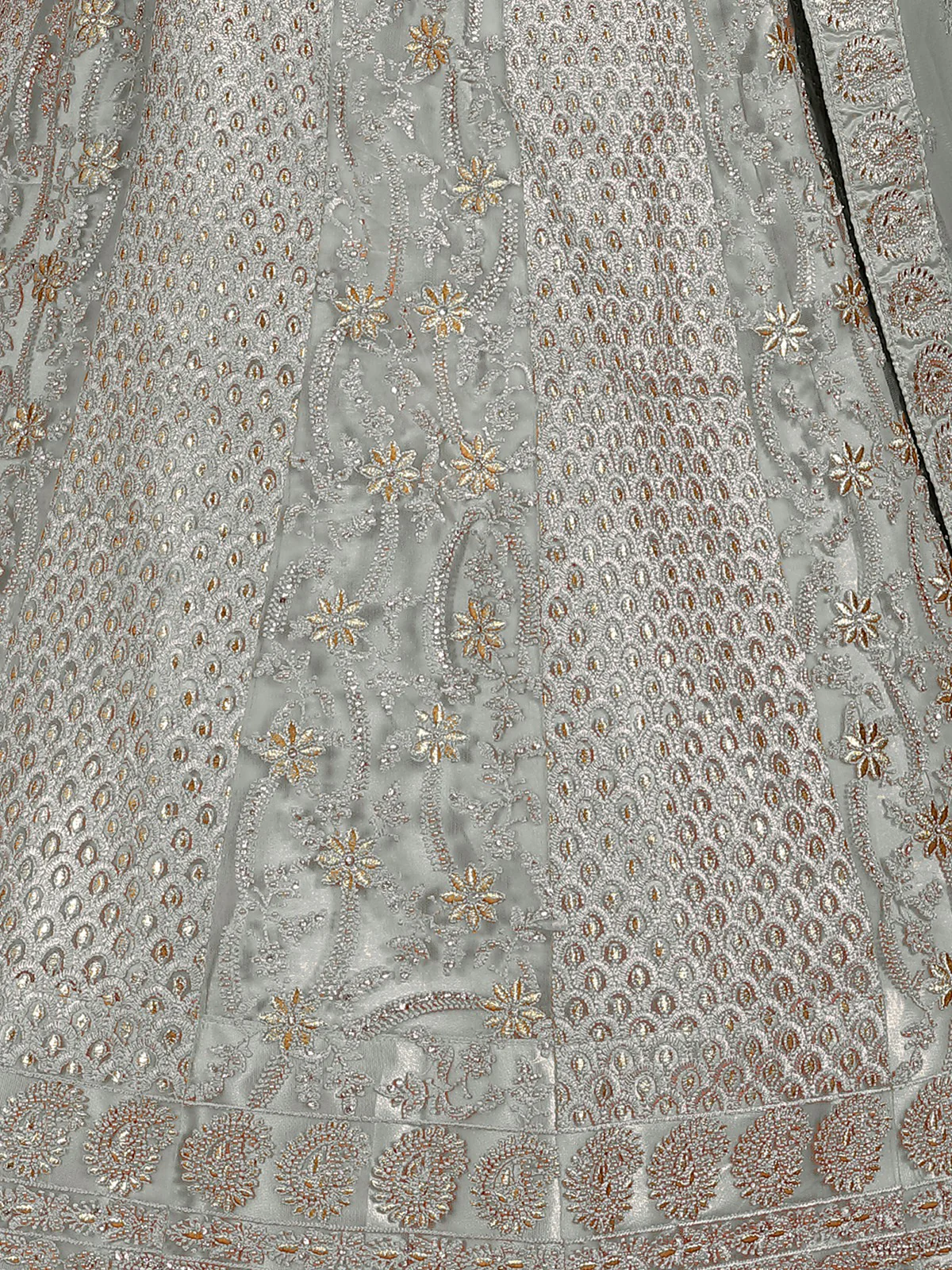 Odette Grey Embroidered Soft Net Semi Stitched Lehenga With Blouse For Women - Image 3