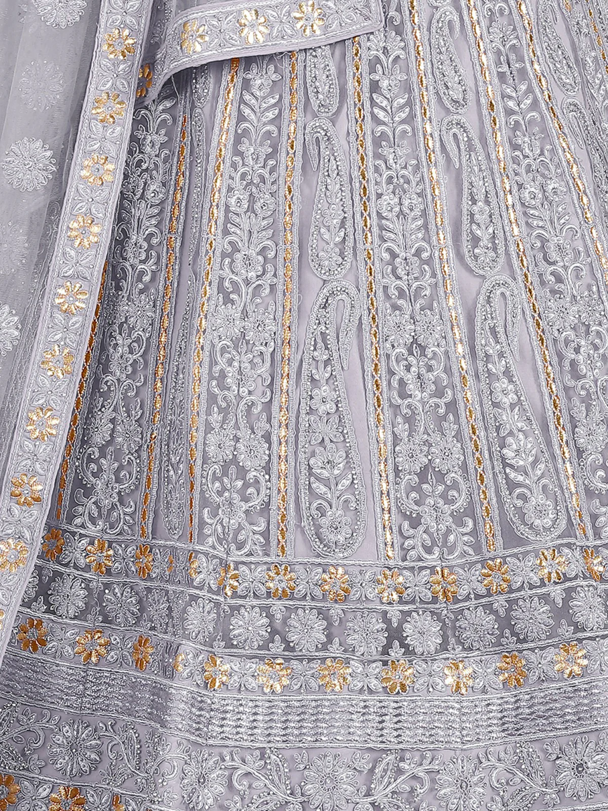 Odette Grey Embroidered Soft Net Semi Stitched Lehenga With Blouse For Women - Image 3