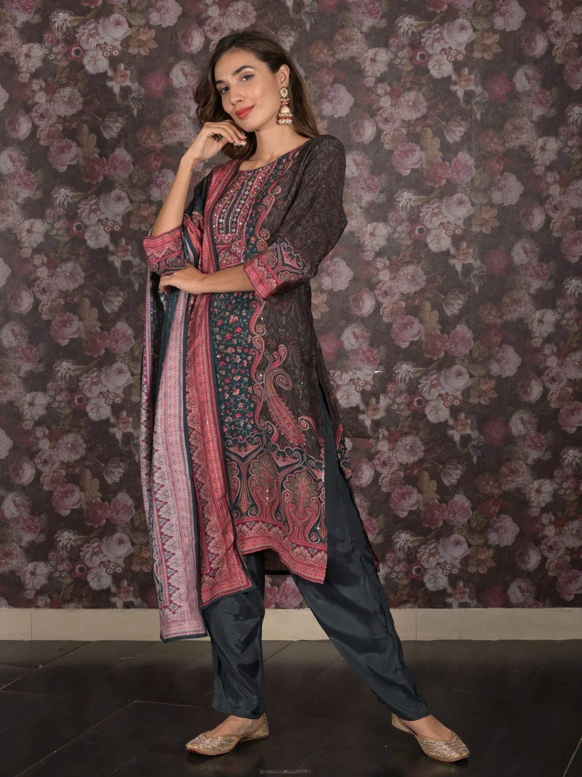 Odette Grey Ethnic Motifs Printed Embroidered Rayon Stitched Kurta Set for Women - Image 2