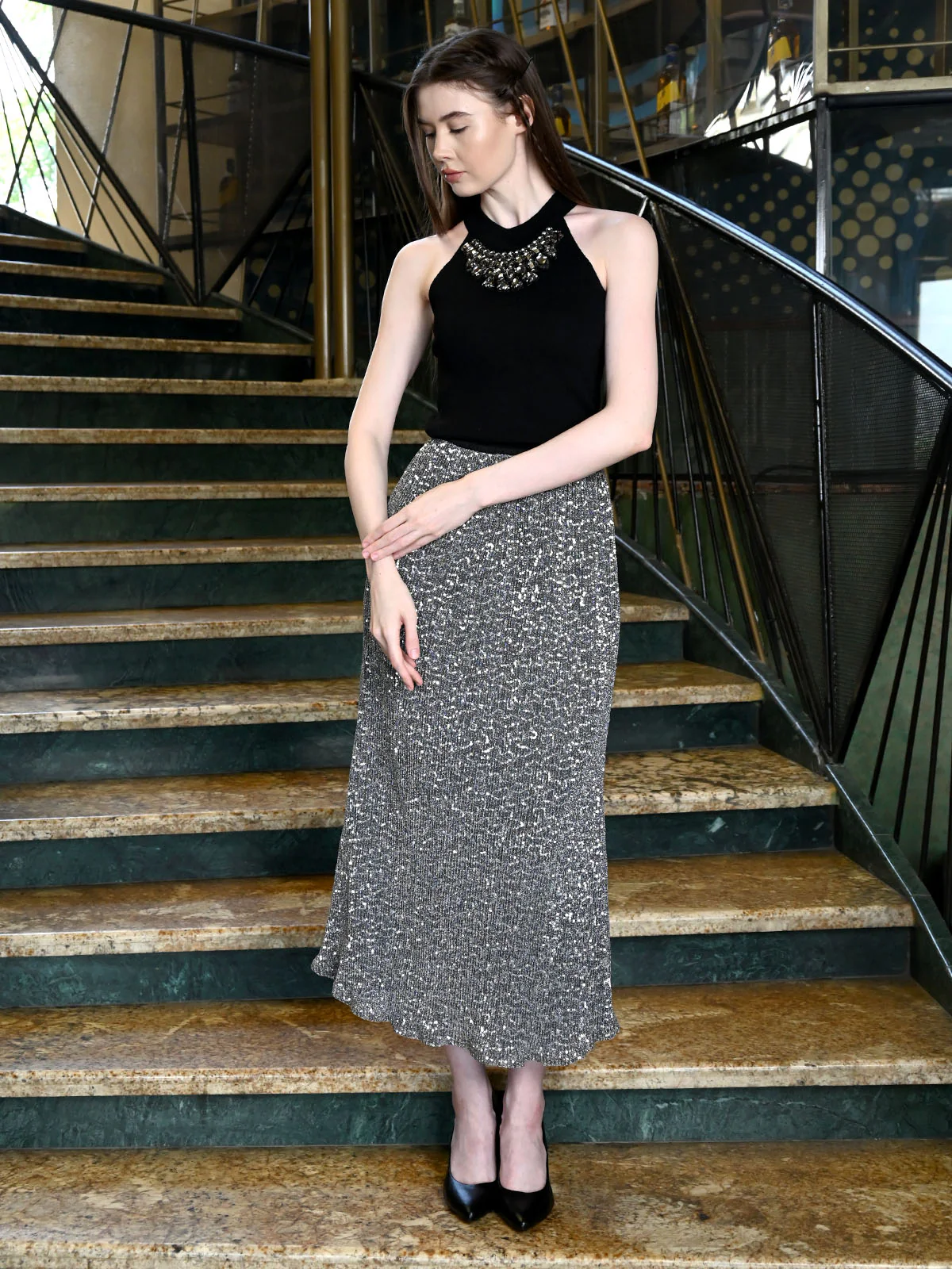 Odette Grey Gauze Textured Skirt For Women - Image 2