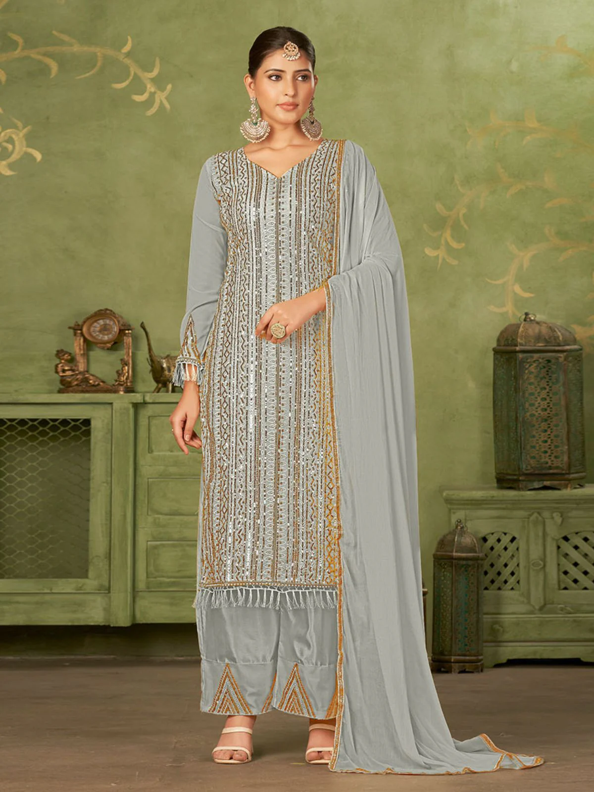 Odette Grey Georgette Embellished Semi Stitched Kurta Set For Women