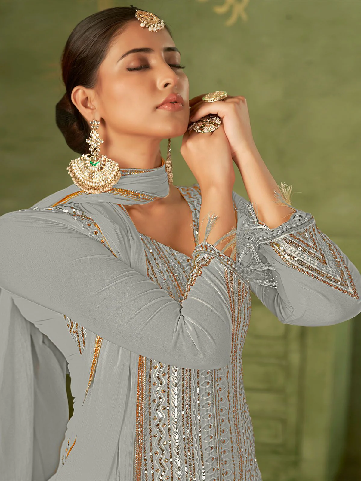 Odette Grey Georgette Embellished Semi Stitched Kurta Set For Women - Image 2