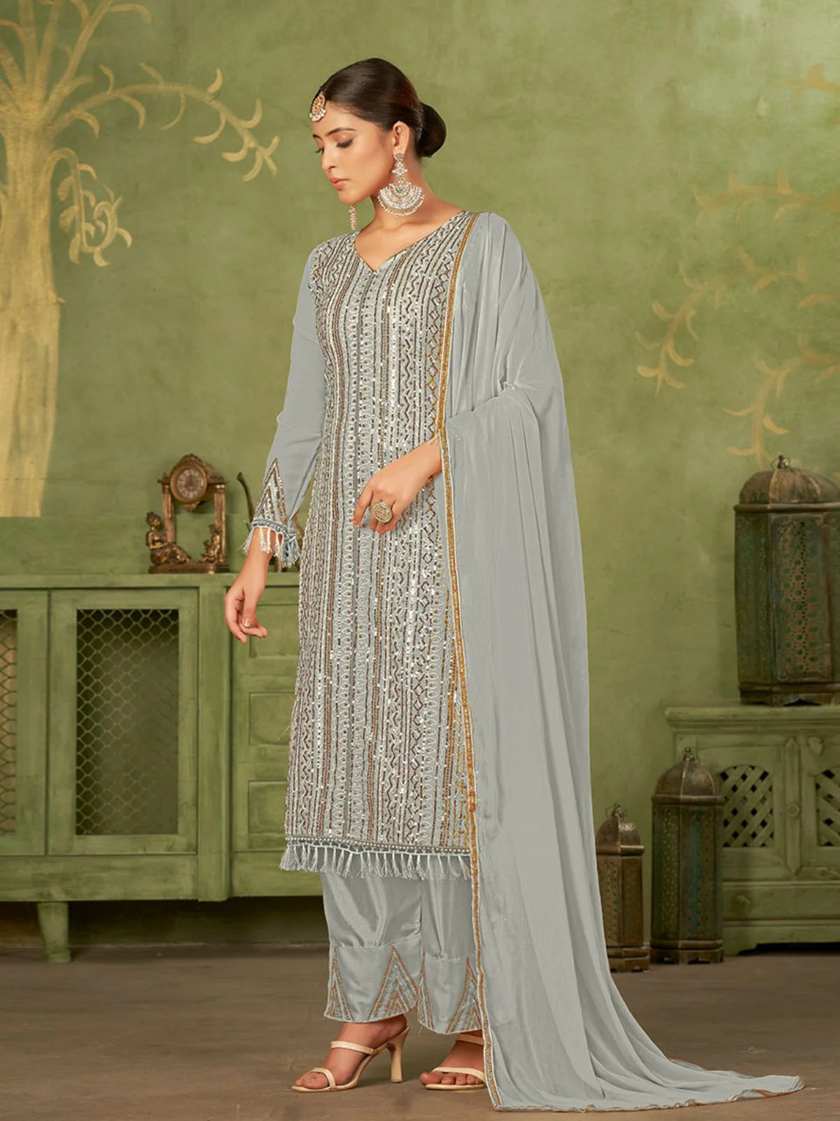 Odette Grey Georgette Embellished Semi Stitched Kurta Set For Women - Image 3