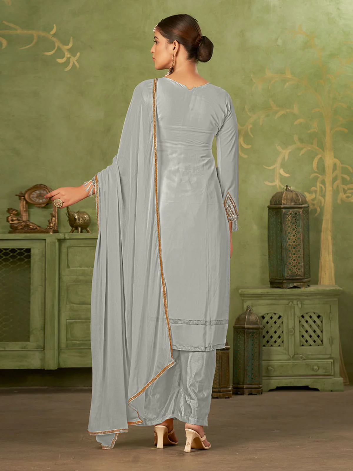 Odette Grey Georgette Embellished Semi Stitched Kurta Set For Women - Image 5