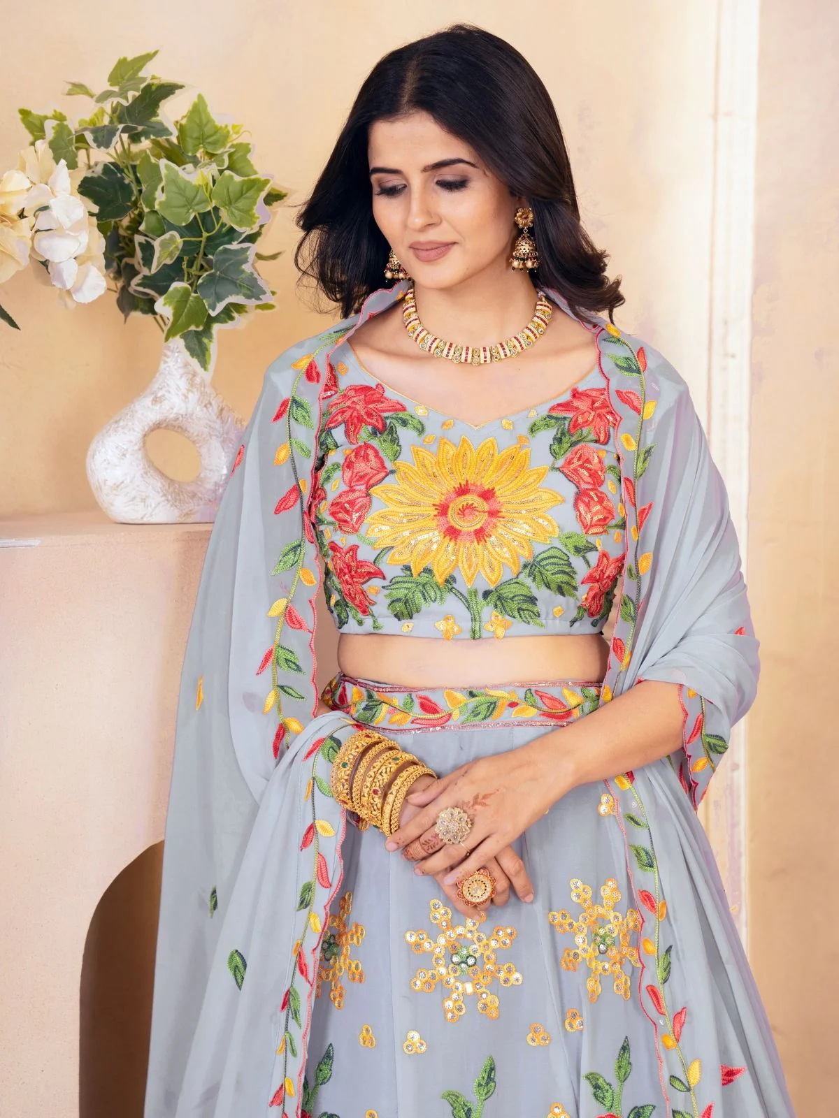 Odette Grey Georgette Embellished Semi Stitched Lehenga For Women - Image 4
