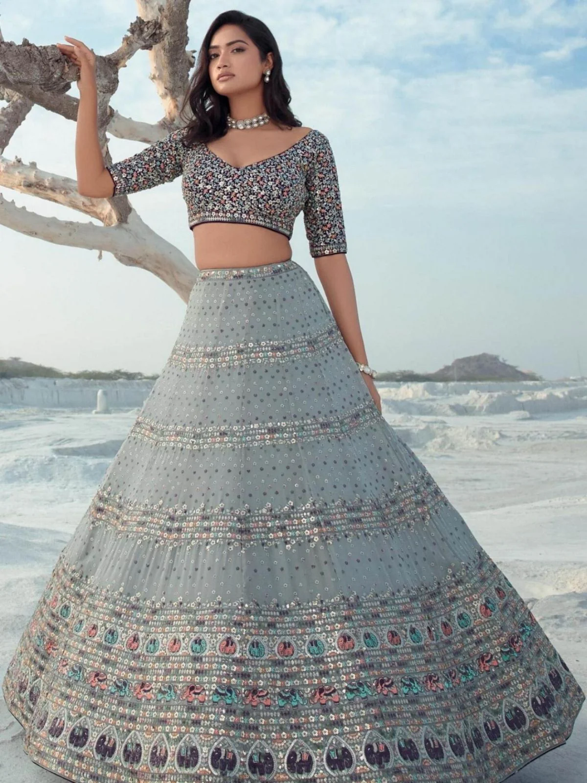 Odette Grey Georgette Embellished Semi-Stitched lehenga For Women - Image 2