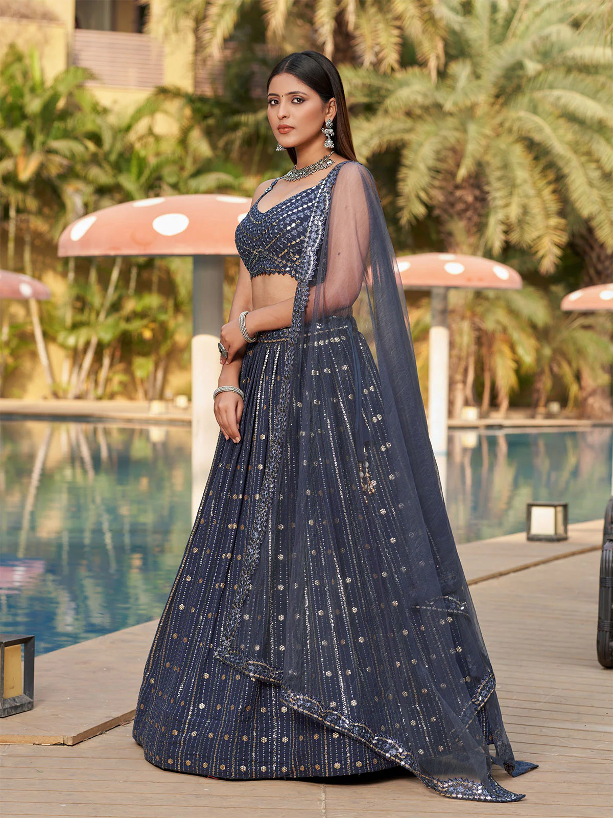 Odette Grey Georgette Embellished Semi Stitched Lehenga With Unstitched Blouse For Women - Image 2