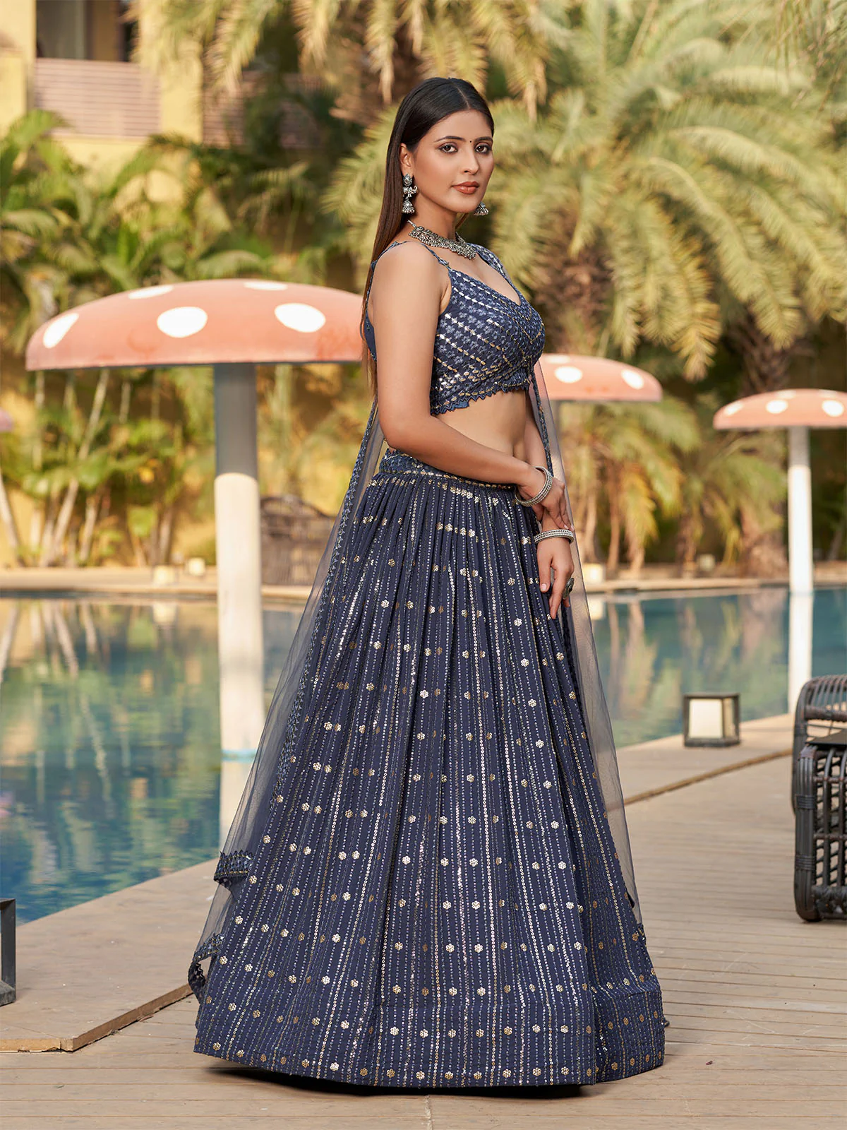 Odette Grey Georgette Embellished Semi Stitched Lehenga With Unstitched Blouse For Women - Image 3