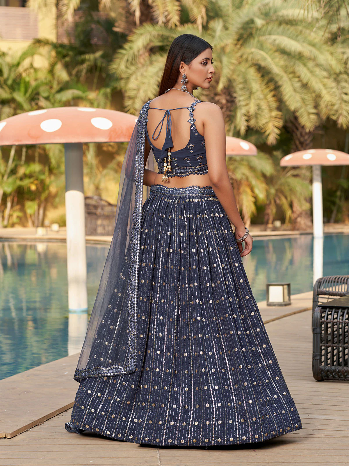 Odette Grey Georgette Embellished Semi Stitched Lehenga With Unstitched Blouse For Women - Image 4