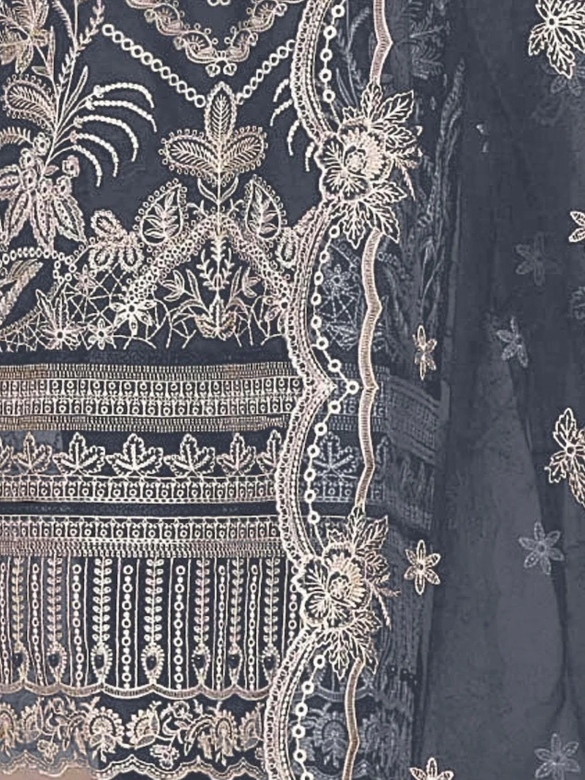 Odette Grey Georgette Embroidered & Cutwork Semi-Sitched Kurta Set For Women - Image 3