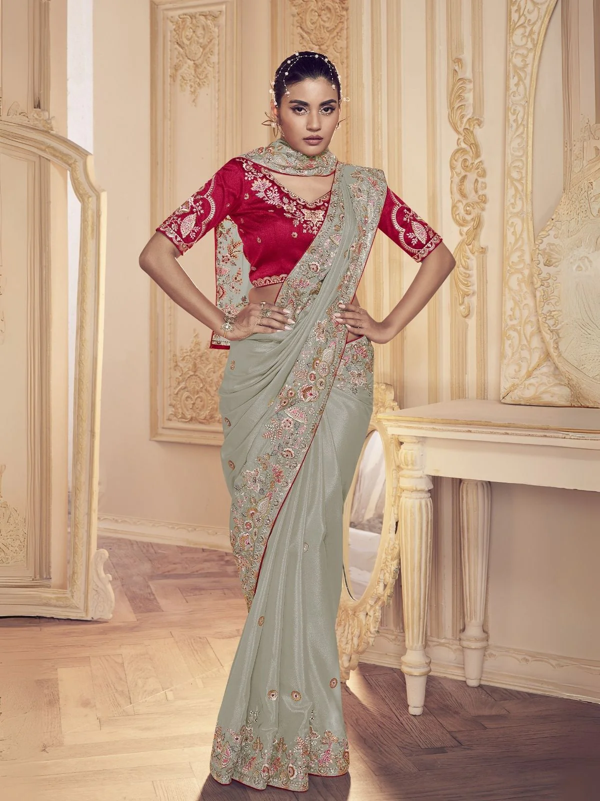 Odette Grey Georgette Embroidered Elegant Saree For Women