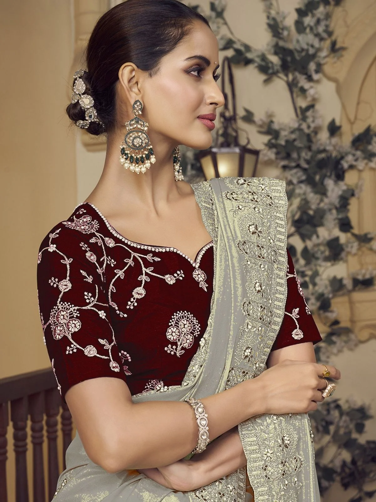 Odette Grey Georgette Embroidered Elegant Saree For Women - Image 2