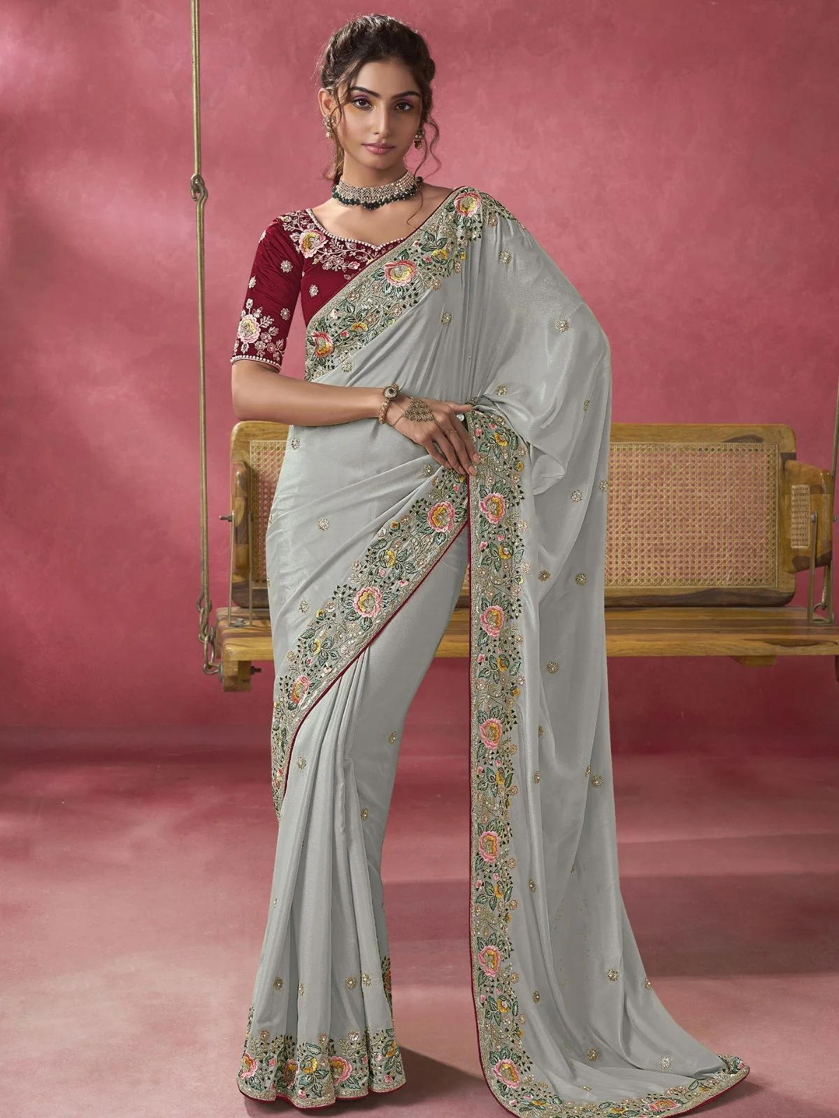 Odette Grey Georgette Embroidered Elegant Saree For Women
