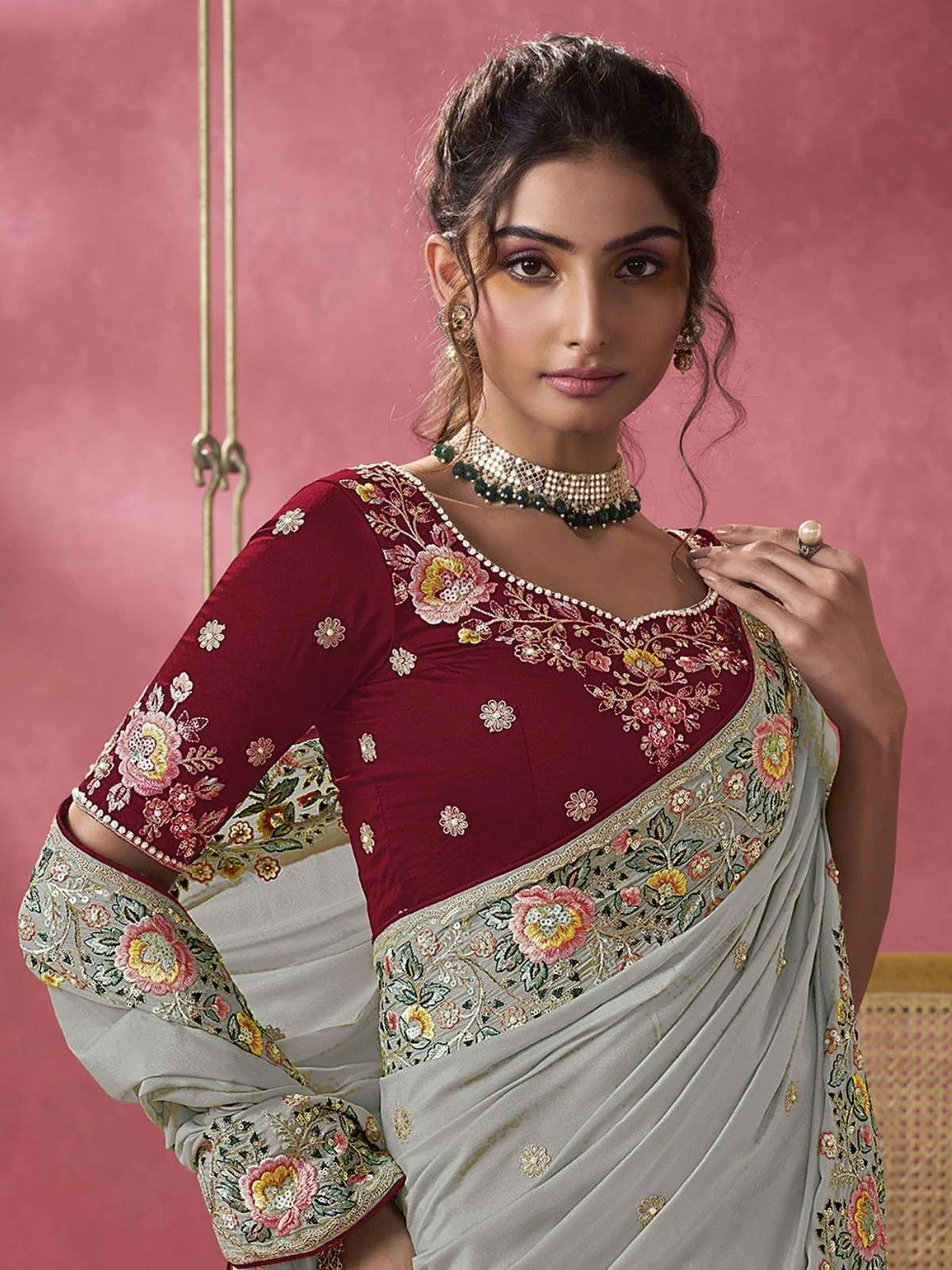Odette Grey Georgette Embroidered Elegant Saree For Women - Image 3