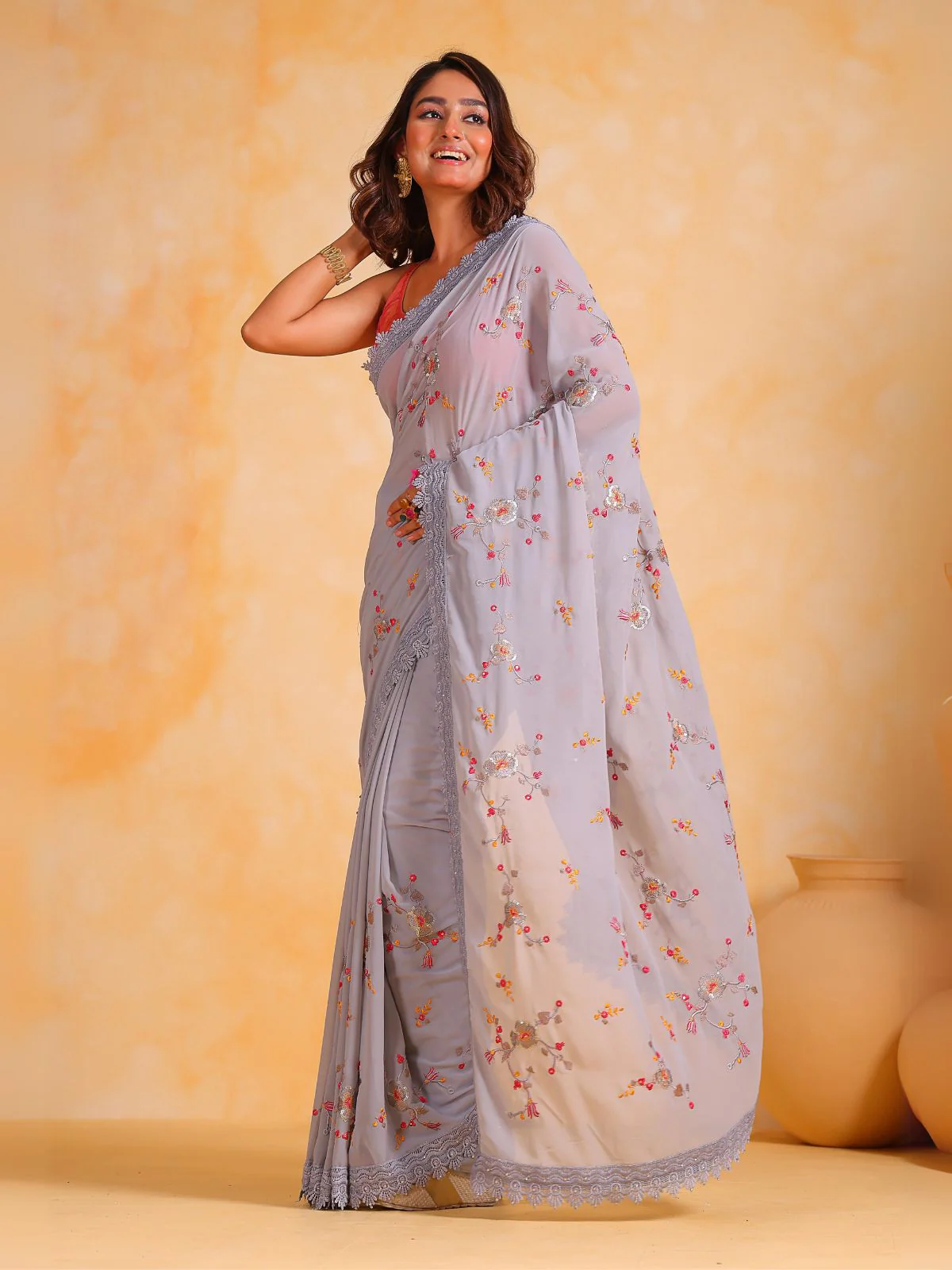 Odette Grey Georgette Embroidered Saree With Unstitched Blouse For Women - Image 2