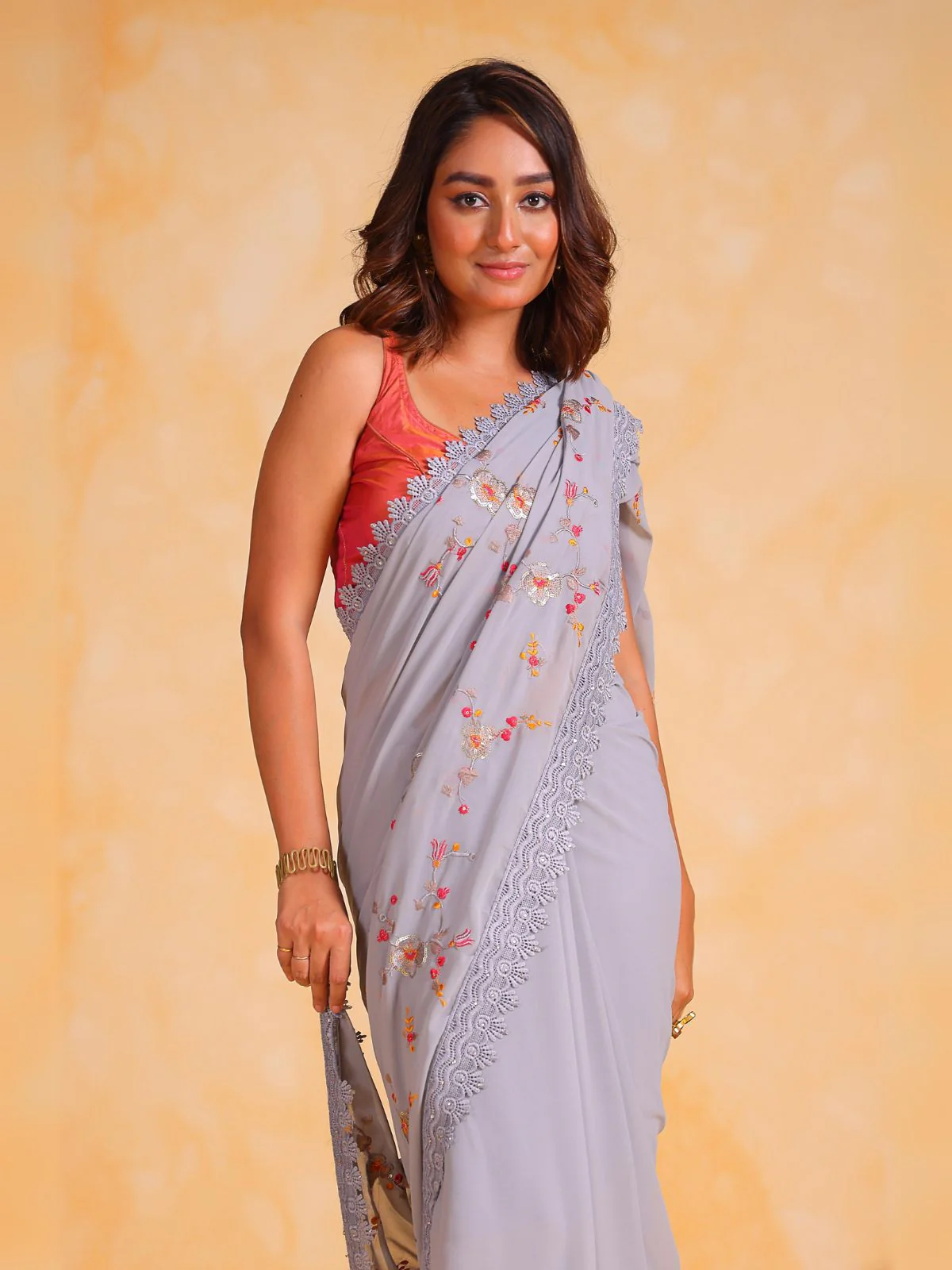 Odette Grey Georgette Embroidered Saree With Unstitched Blouse For Women - Image 3