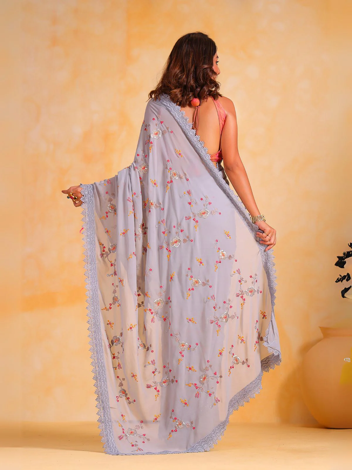 Odette Grey Georgette Embroidered Saree With Unstitched Blouse For Women - Image 4
