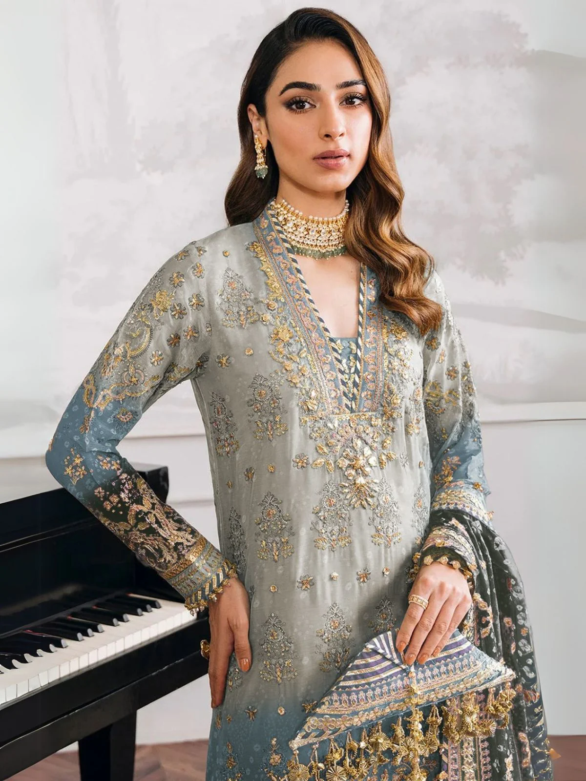 Odette Grey Georgette Embroidered Semi-Stitched Kurta Set For Women - Image 2