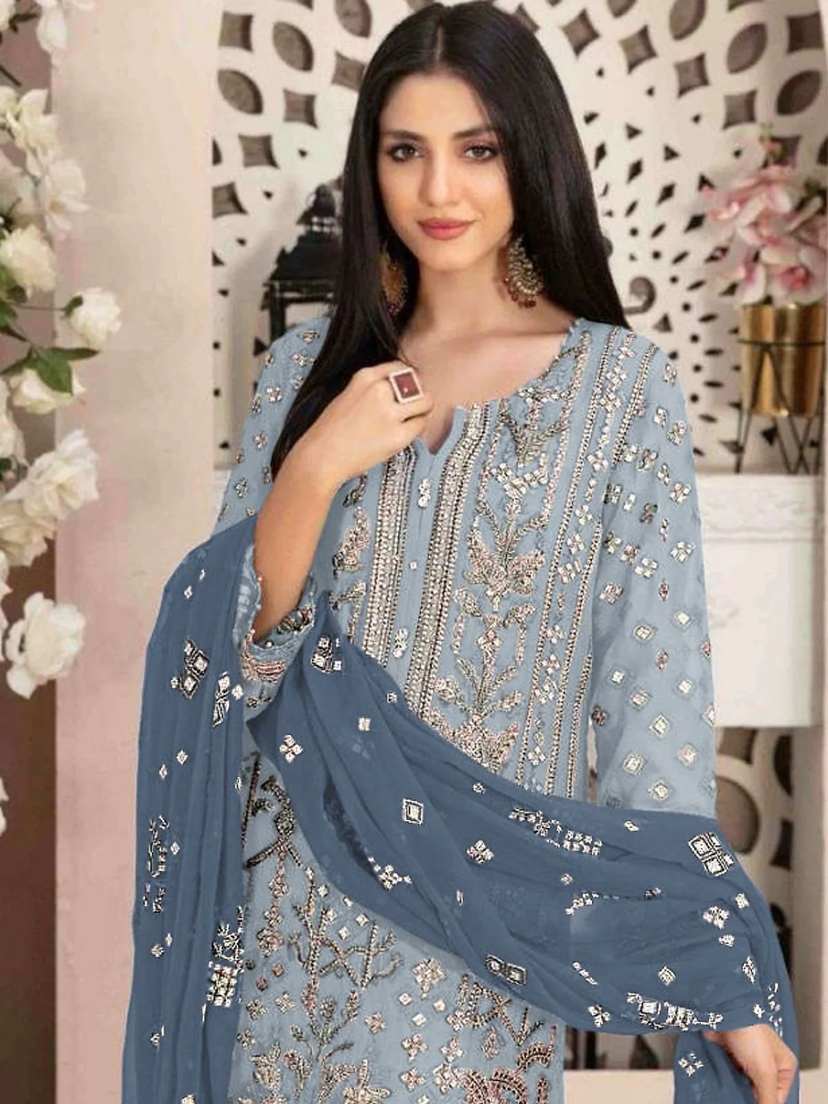 Odette Grey Georgette Embroidered Semi-Stitched Kurta Set For Women - Image 2