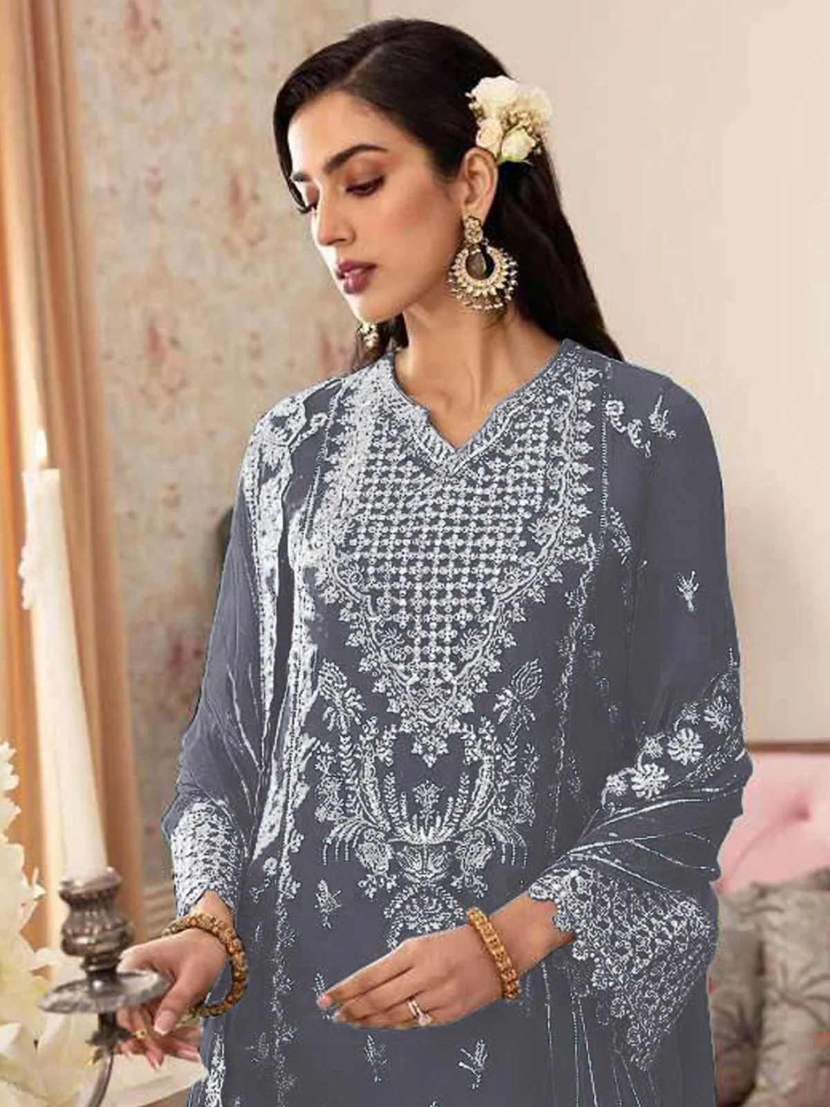 Odette Grey Georgette Embroidered Semi-Stitched Kurta Set For Women - Image 2