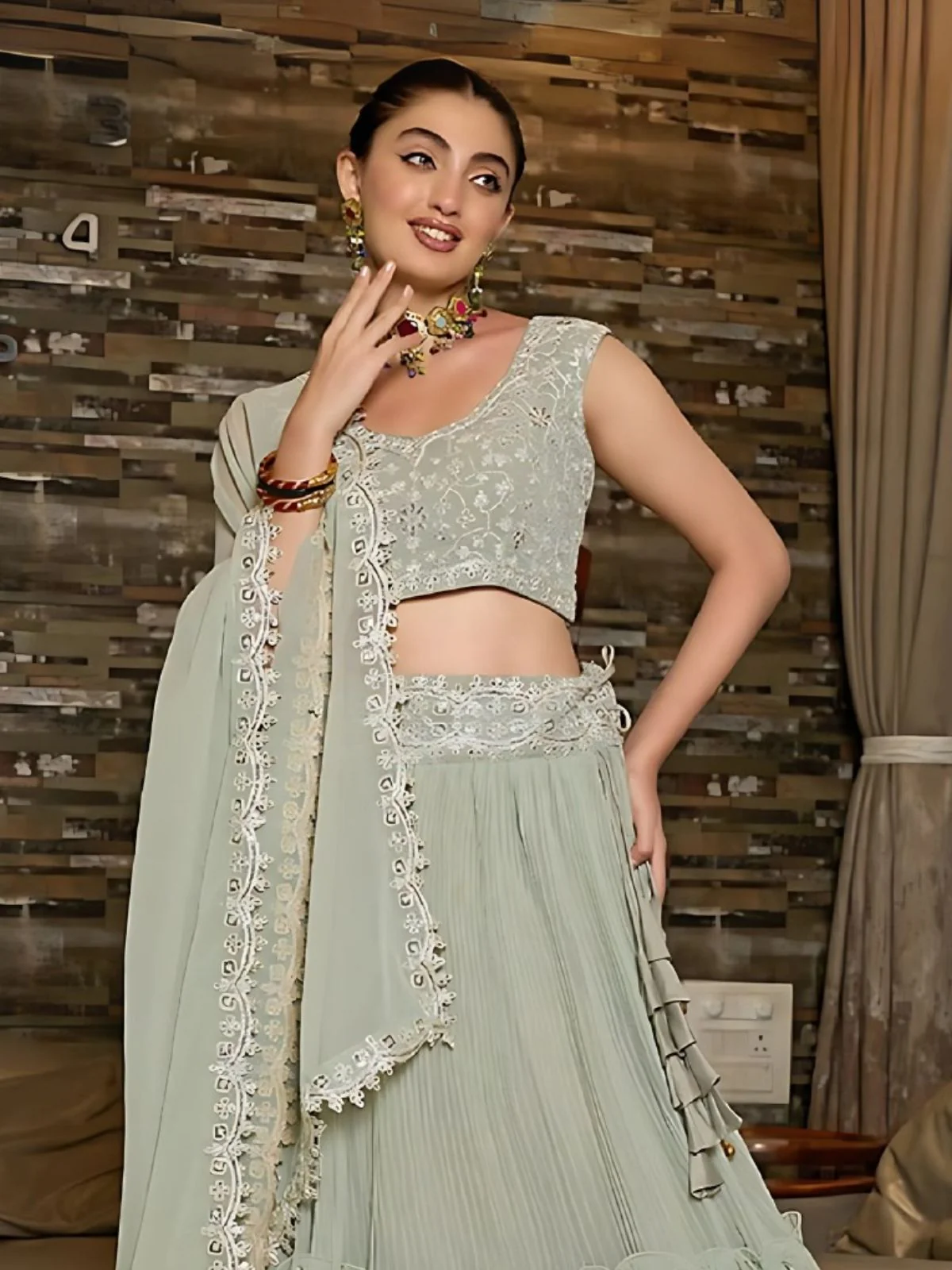 Odette Grey Georgette Embroidered Semi-Stitched Lehenga For Women - Image 3