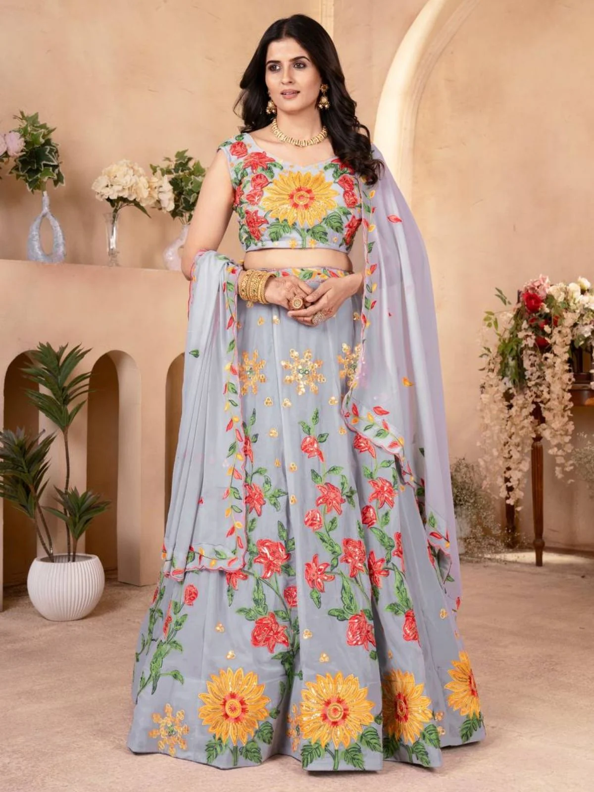 Odette Grey Georgette Embroidered Semi-Stitched lehenga For Women - Image 2