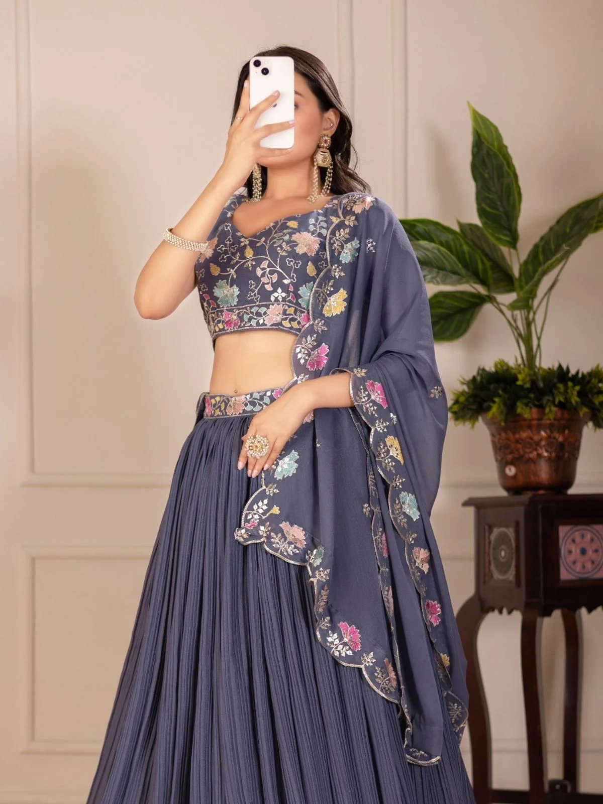 Odette Grey Georgette Embroidered Semi-Stitched lehenga For Women - Image 3