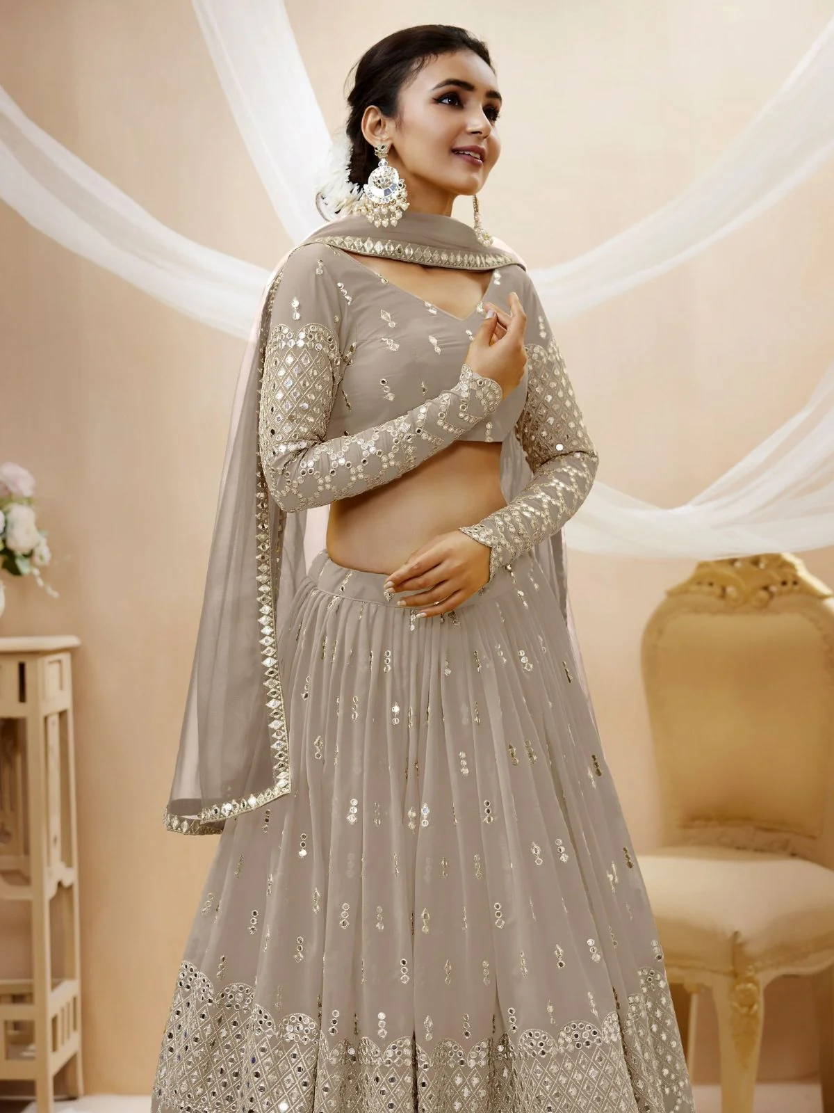 Odette Grey Georgette Embroidered Semi Stitched Lehenga With Unstitched Blouse For Women - Image 5