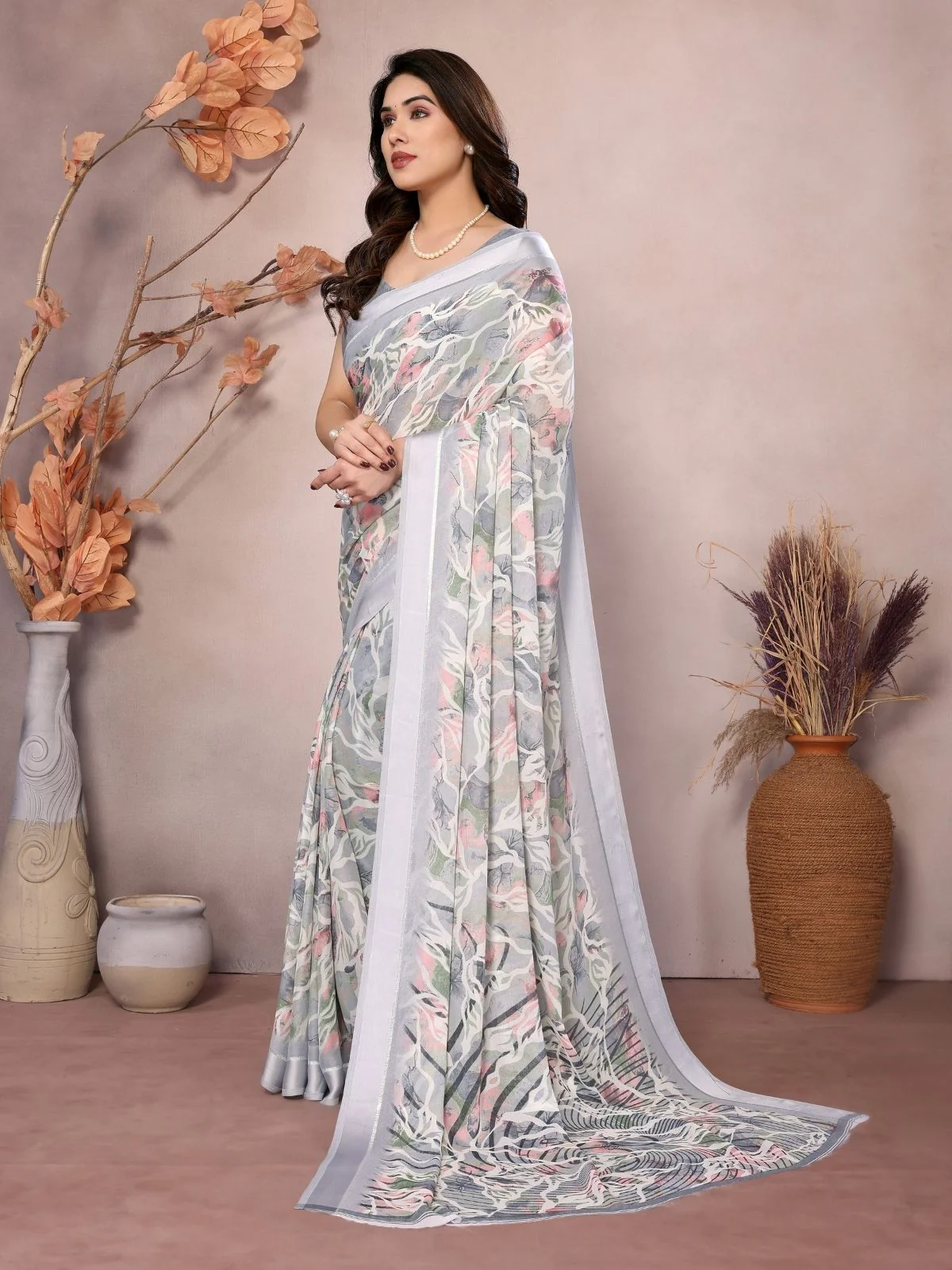 Odette Grey Georgette Printed Saree For Women - Image 2